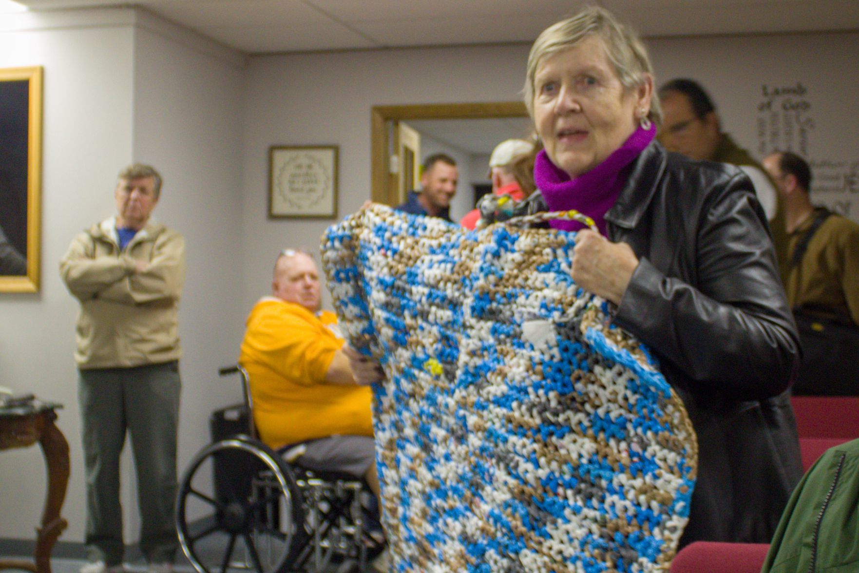 A “plarn” blanket made by members of Sacred Heart Catholic Church